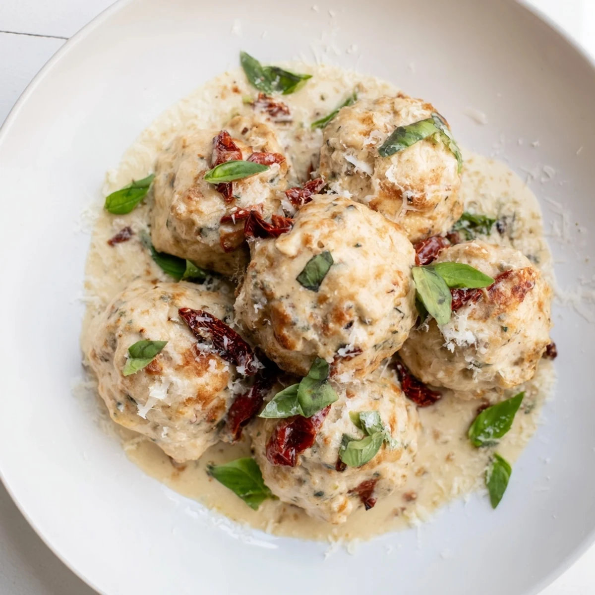 A close-up of delicious "Marry Me Chicken Meatballs" in rich sauce, topped with fresh basil and parmesan.