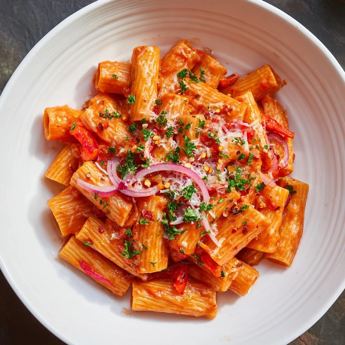 A close-up shot of fiery one-pot Diavola spicy pasta, showcasing the perfectly cooked pasta.