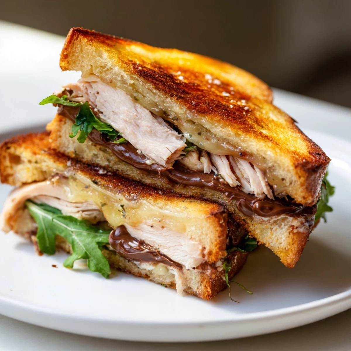 A perfect combination: Nutella Grilled Cheese with Chicken sandwich, showcasing melted brie, chicken, and sweet Nutella.
