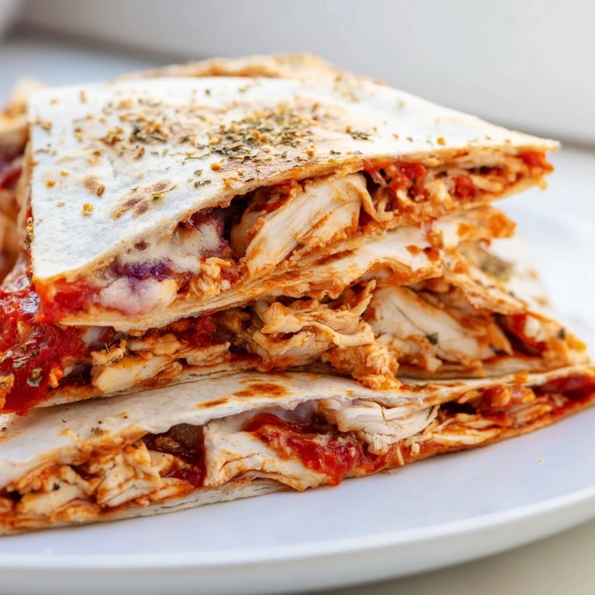 Crispy tortilla pizza wrap with chicken, melting mozzarella and warm marinara sauce inside.