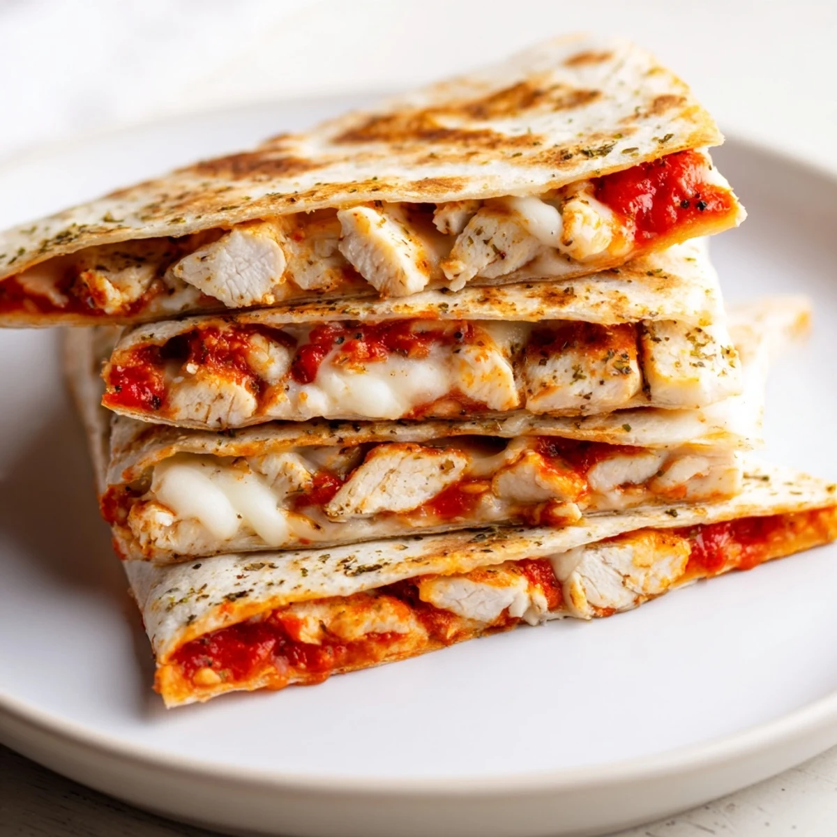 Folded tortilla pizza wrap with chicken, steaming hot, featuring melted cheese and basil garnish.