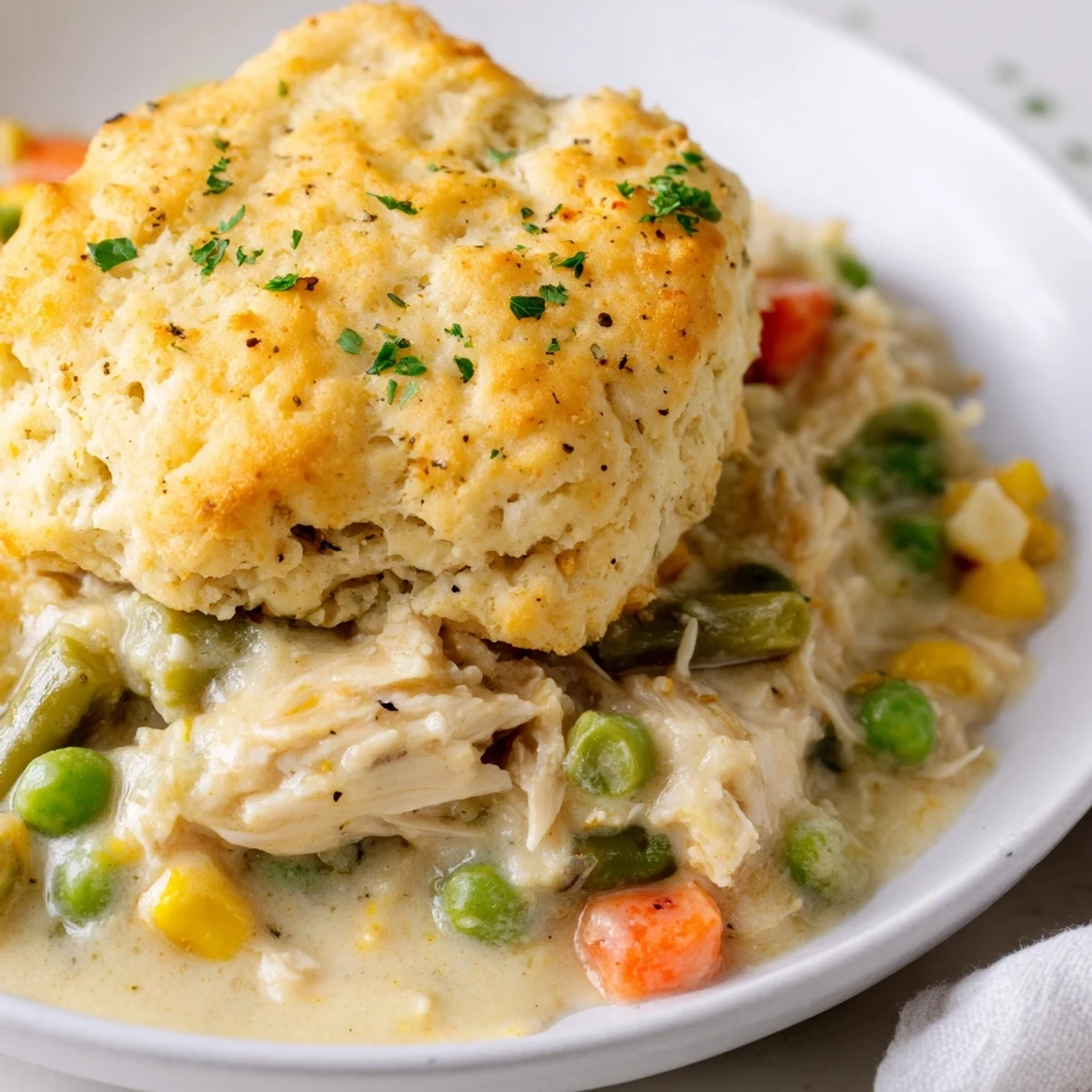 Close-up shot shows a comforting Chicken Cobbler with Red Lobster biscuit topping, perfect for family dinners.