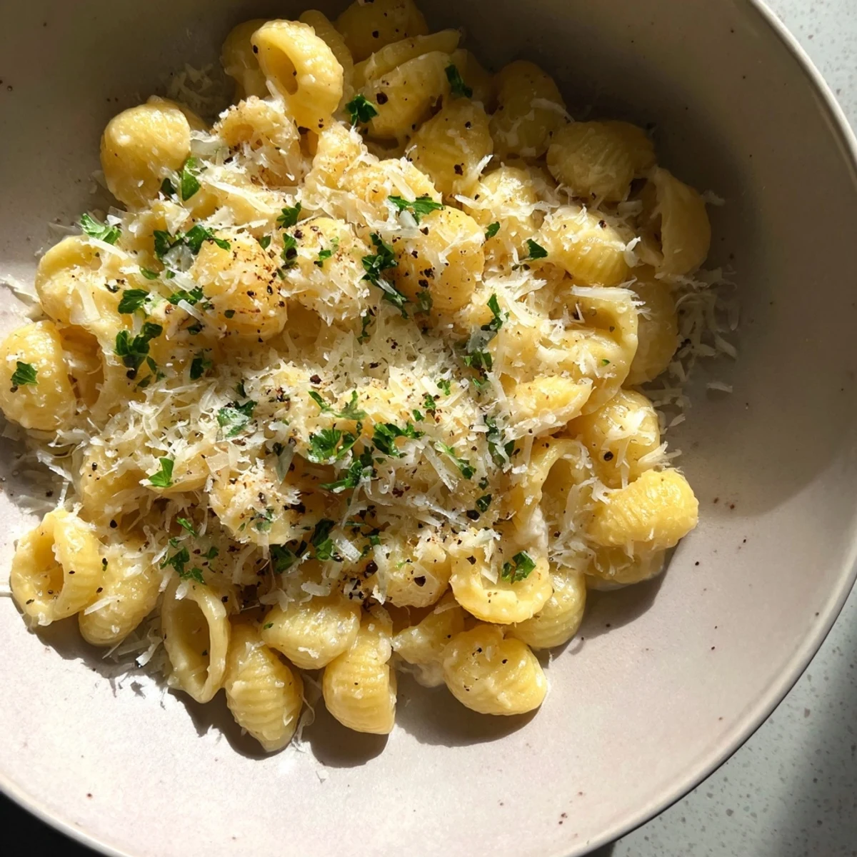 A close-up of vibrant 15-Minute Garlic Parmesan Pasta, glistening with Parmesan cheese and parsley.