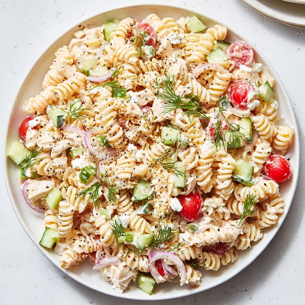 Everything Bagel Chicken Pasta Salad: a creamy, flavorful chilled pasta dish with chicken and veggies.