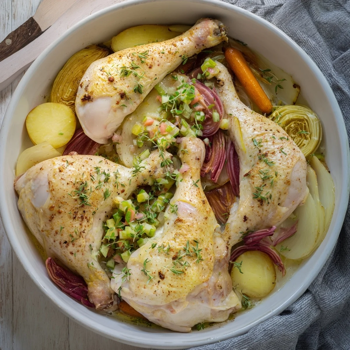 Golden, tender Georgia Pot Roast Chicken, complete with sweet onions and savory, rich gravy, ready to serve!