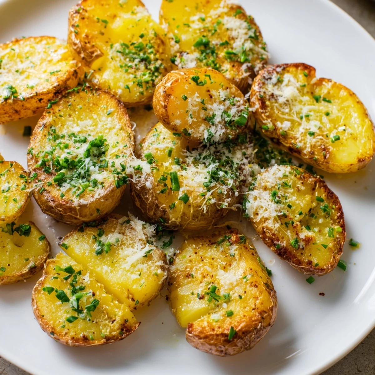Golden-brown Parmesan smashed potatoes with crispy edges, a delicious garlic-herb side dish.