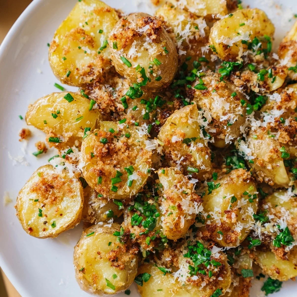 Savory Parmesan smashed potatoes ready to serve, a flavorful vegetarian side for any meal.