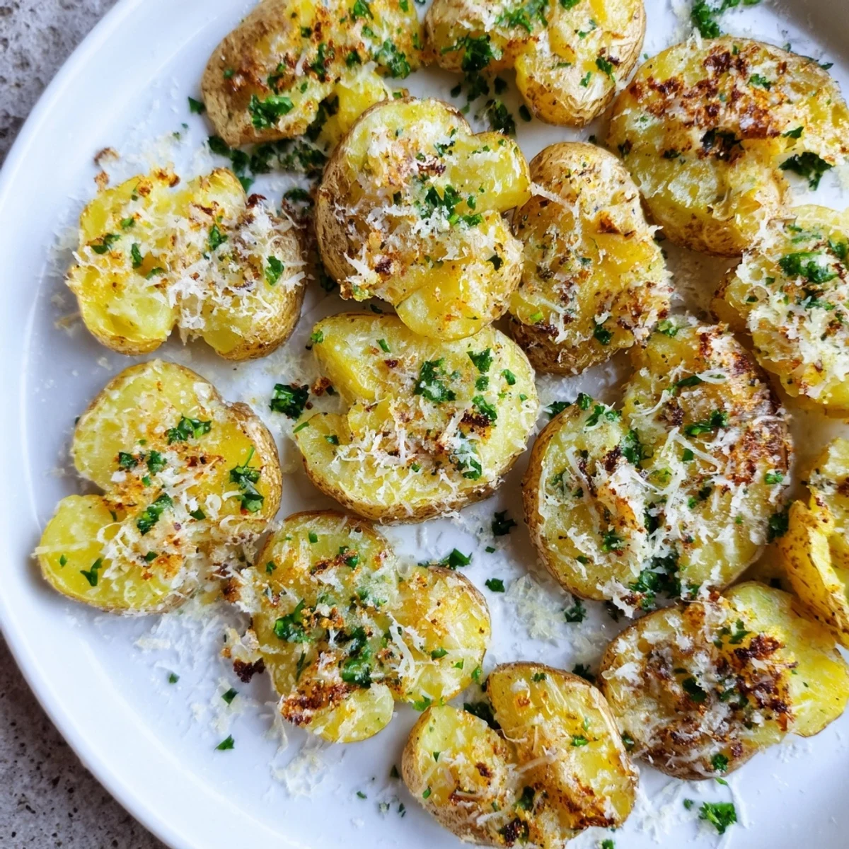 Close-up of freshly baked Parmesan smashed potatoes, showcasing the fluffy interior and herb garnish.