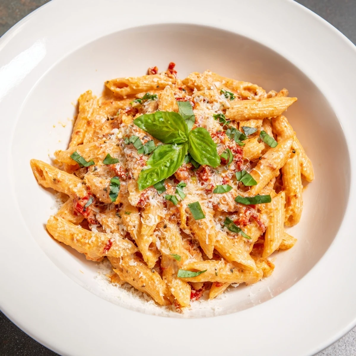 A steaming bowl of Basil Garlic One-Pot Creamy Tomato Pasta, bursting with fresh basil.