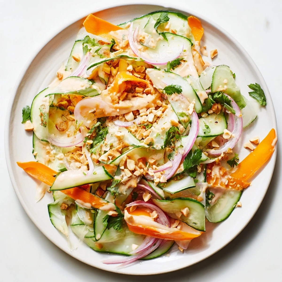 Fresh Thai-Style Peanut Cucumber Salad, creamy and vibrant, ready to eat alongside grilled chicken.