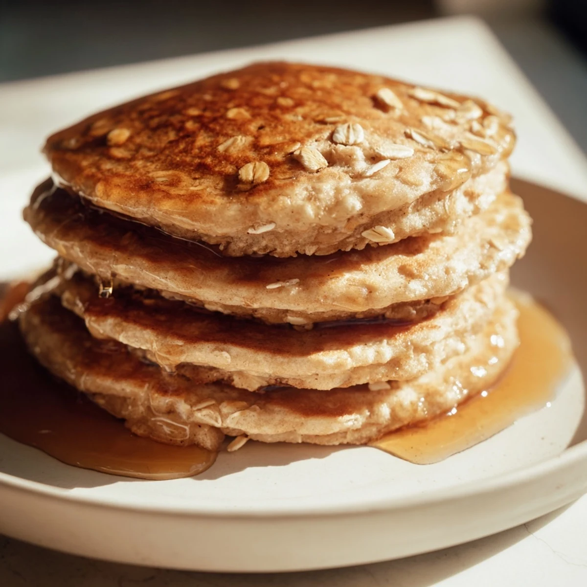 Warm banana oat pancakes, visually soft and fluffy, promising a deliciously simple breakfast treat.