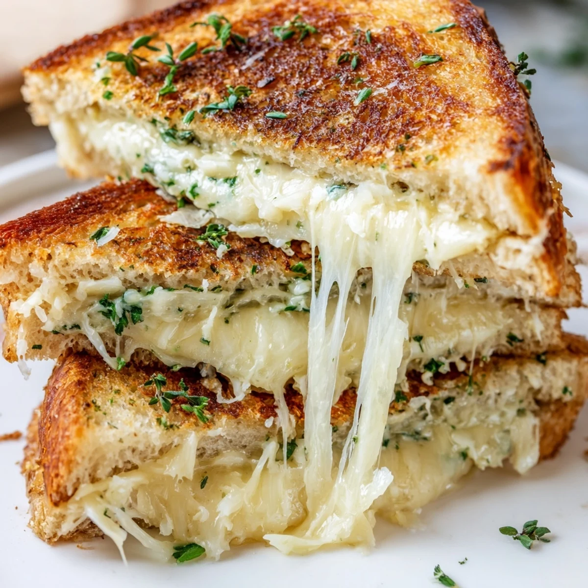 Close-up of a Garlic Butter Mayo Grilled Cheese showing melted cheese and the crispy, flavorful crust.