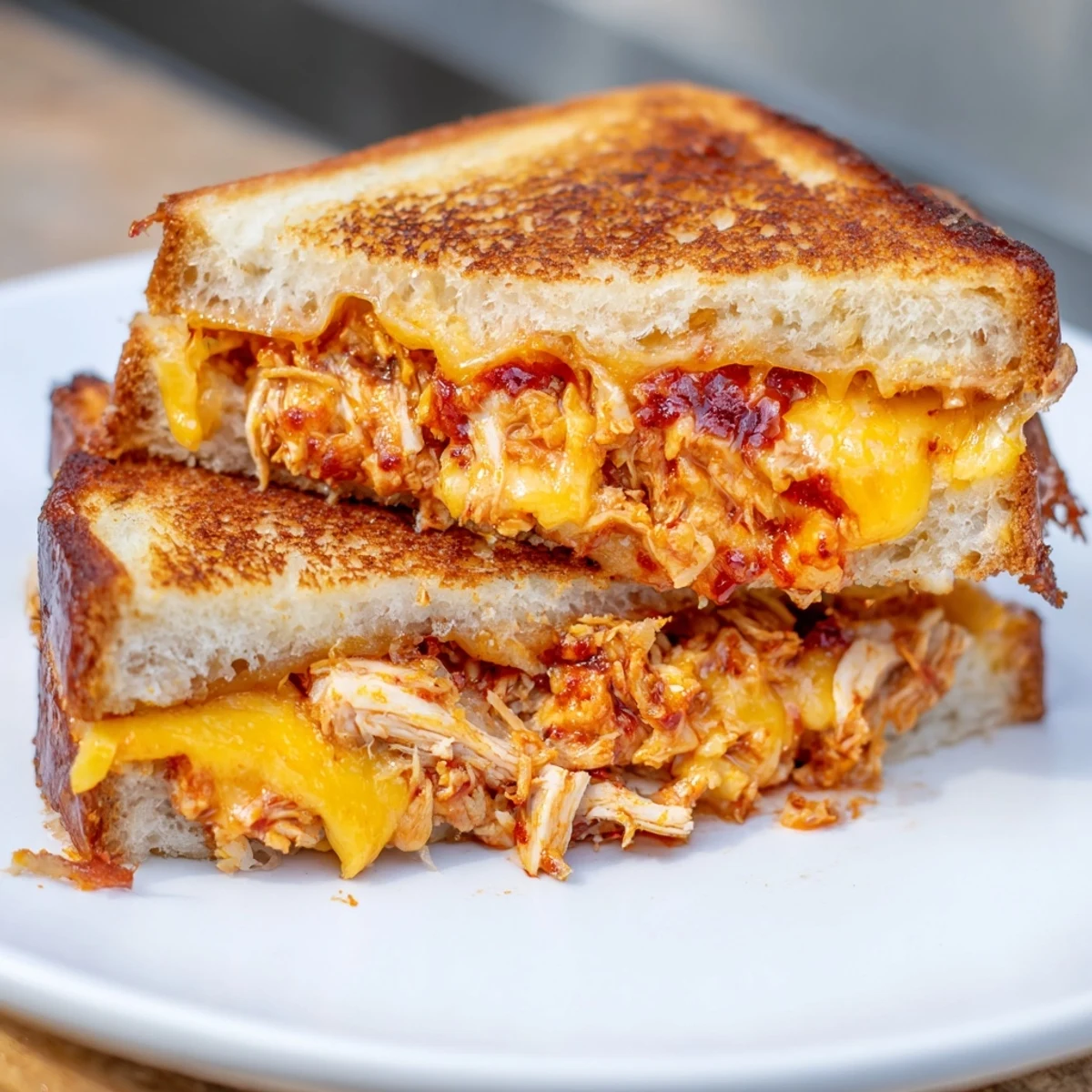 Image 3: Delicious close-up of a Spicy Crispy Chicken Sandwich Grilled Cheese, showcasing spicy chicken filling and melty cheese.