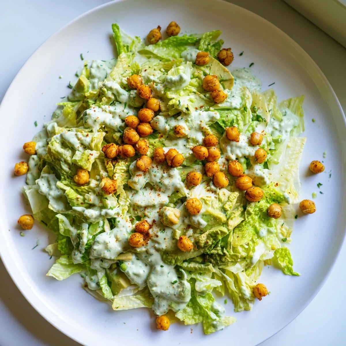 Creamy Green Goddess Salad, topped with crunchy, spiced air-fried chickpeas, ready to eat and enjoy.