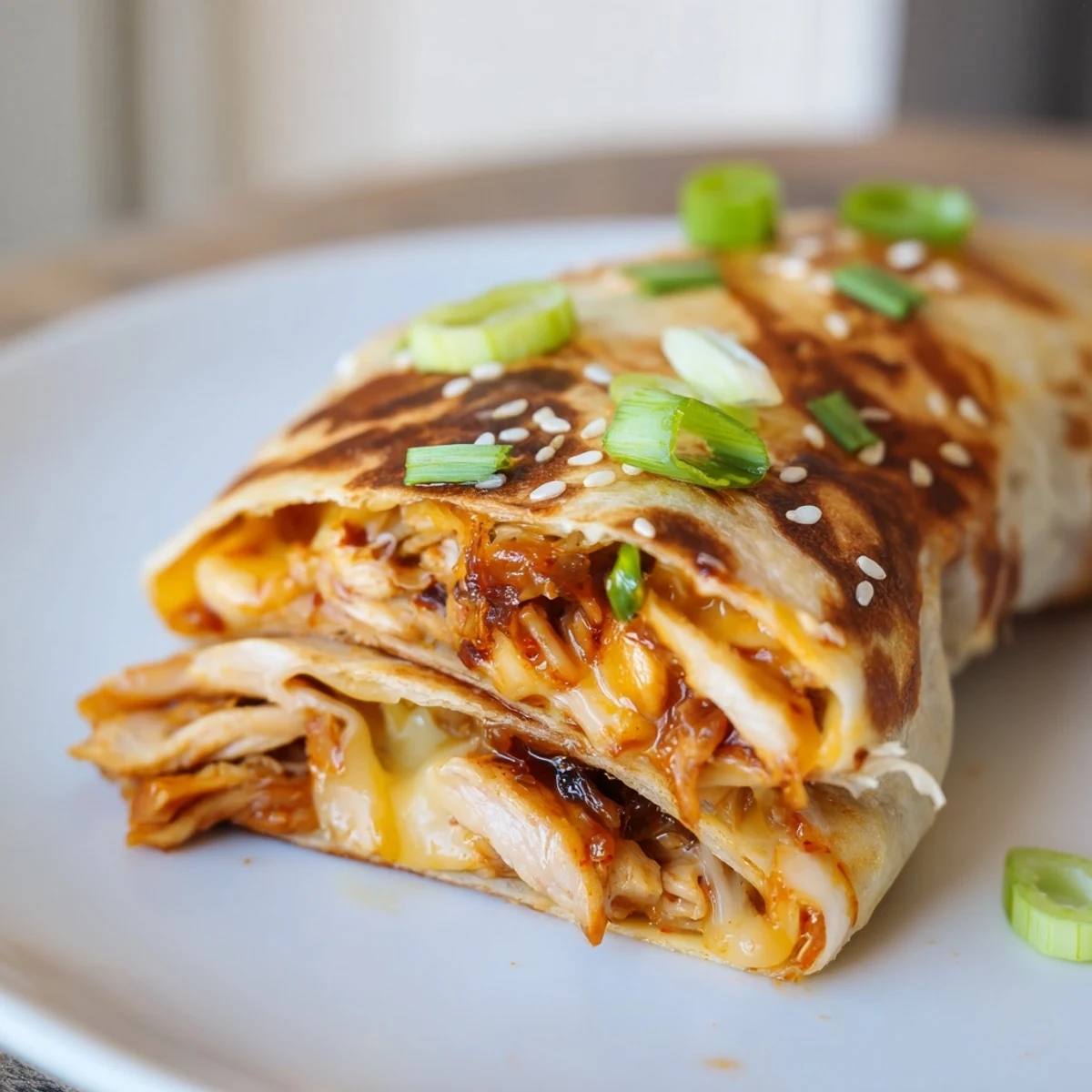 Crispy flour tortilla showcasing the delicious Korean BBQ Chicken Wrap Grilled Cheese with sesame seeds.