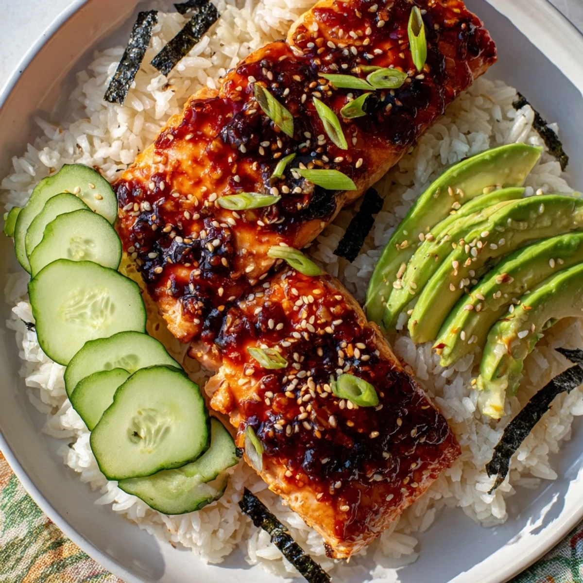 A delicious Emily Mariko-Inspired Sticky Orange Gochujang Salmon Bowl, with flakes of salmon amidst fresh toppings.