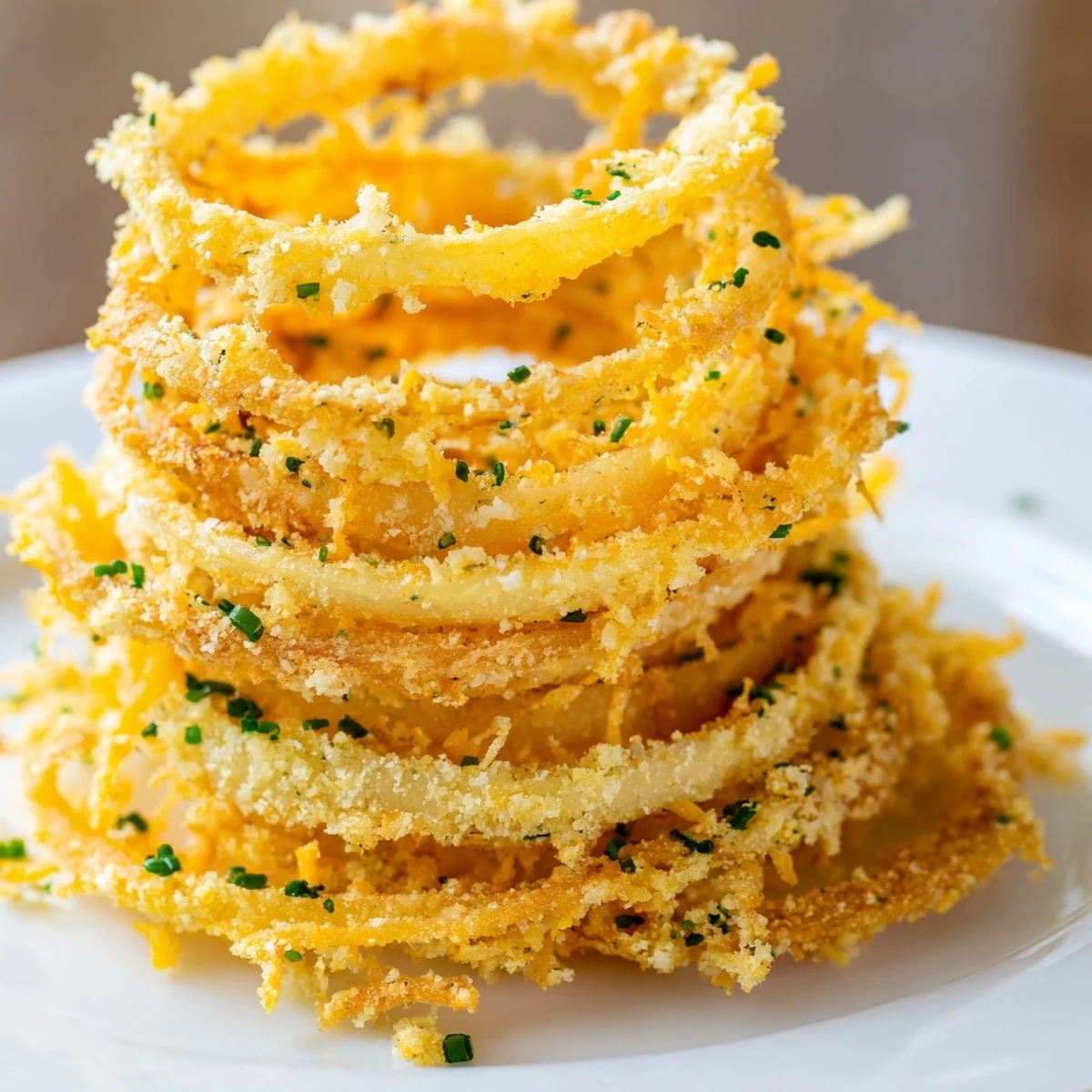 Air-fried Crispy Onion Cheese Chips, a low-carb appetizer topped with golden, bubbly cheddar cheese.