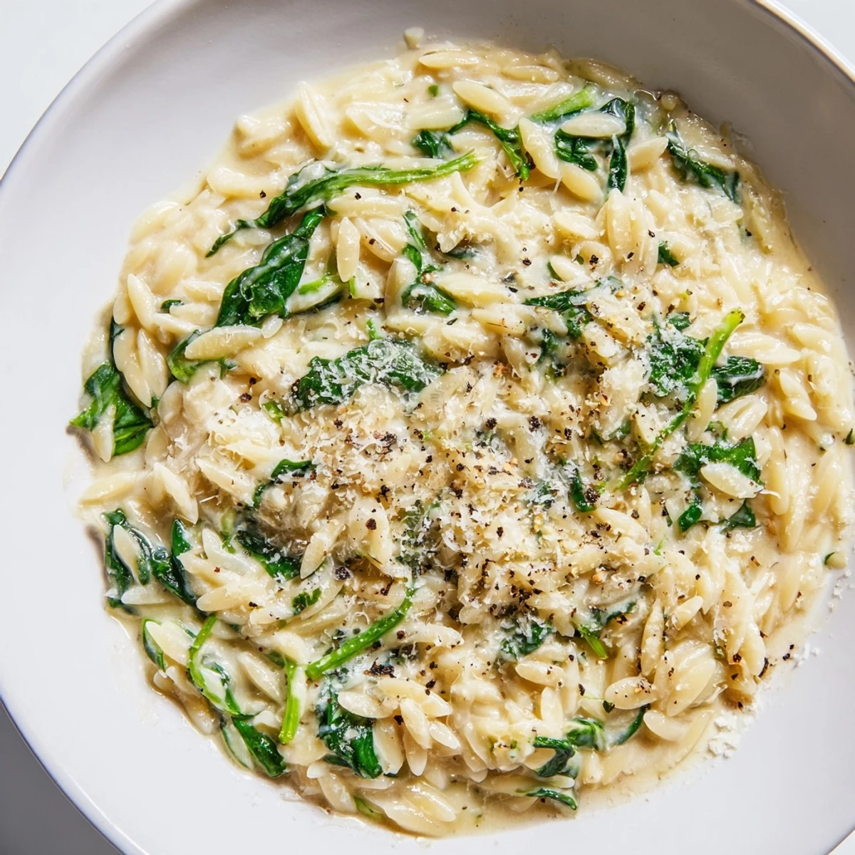 Creamy Spinach Orzo, a vibrant pasta dish, showcases tender orzo and melting Parmesan cheese.