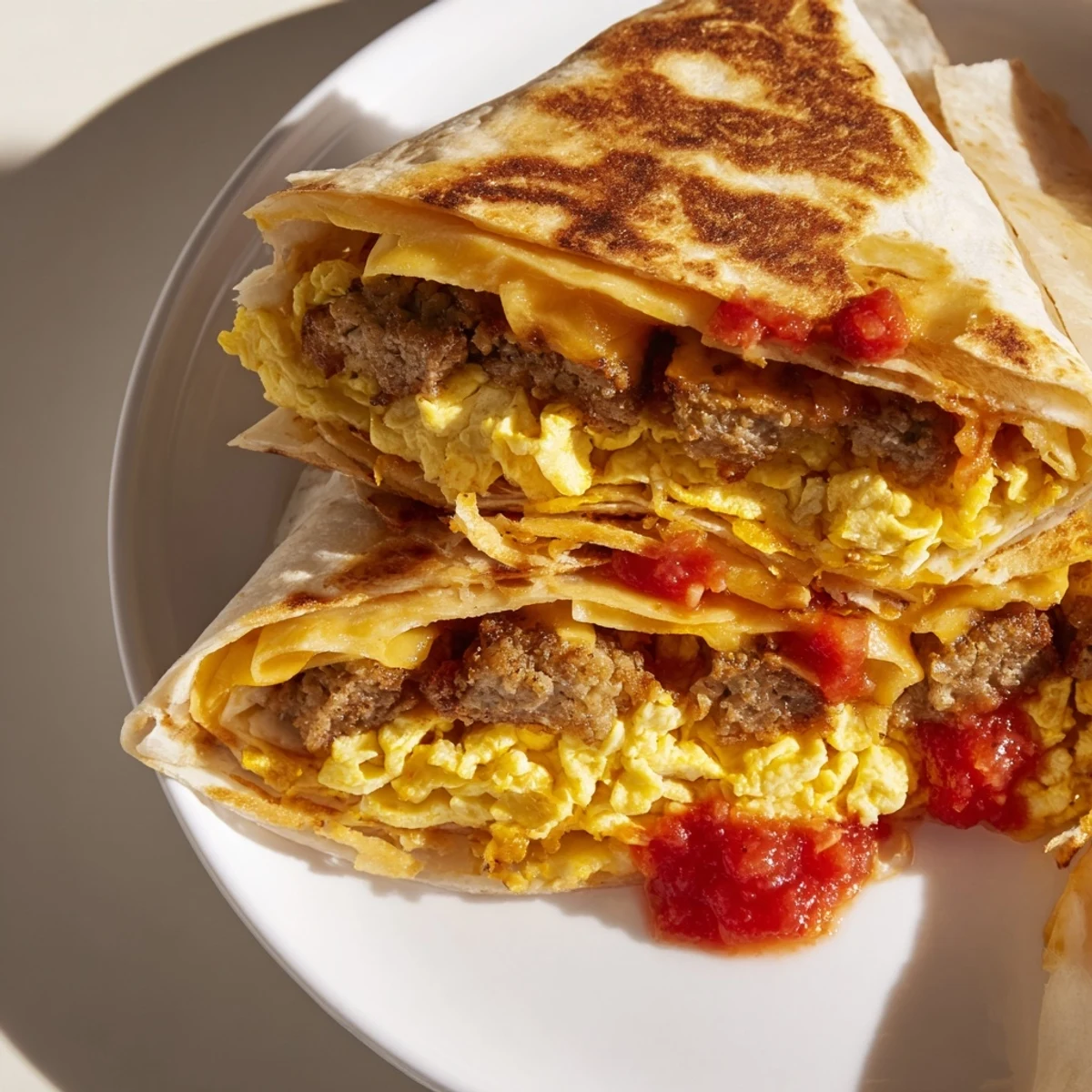 Golden-brown Breakfast Crunchwrap Hack with melted cheese, crispy hash browns, and savory filling, delicious!