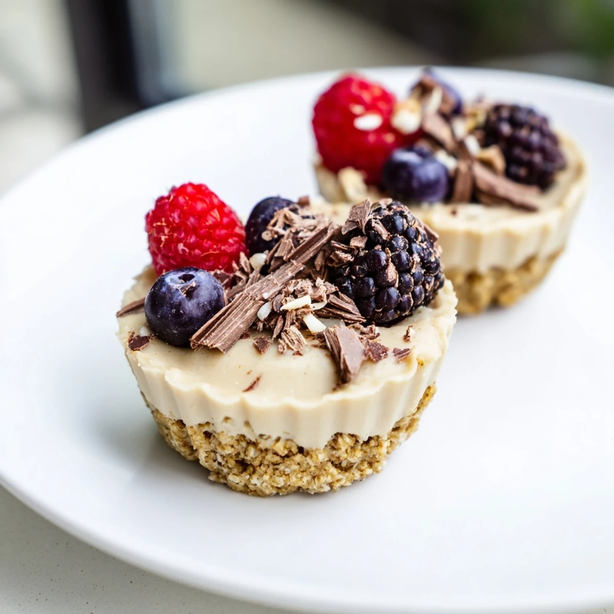 No-bake protein cheesecake cups chilling in the refrigerator; a healthy dessert with a crunchy base.