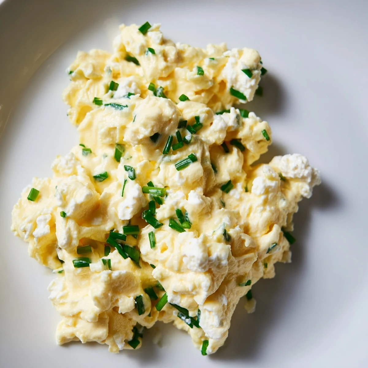 A flavorful plate of Cottage Cheese Scrambled Eggs with chopped chives, ideal breakfast choice.