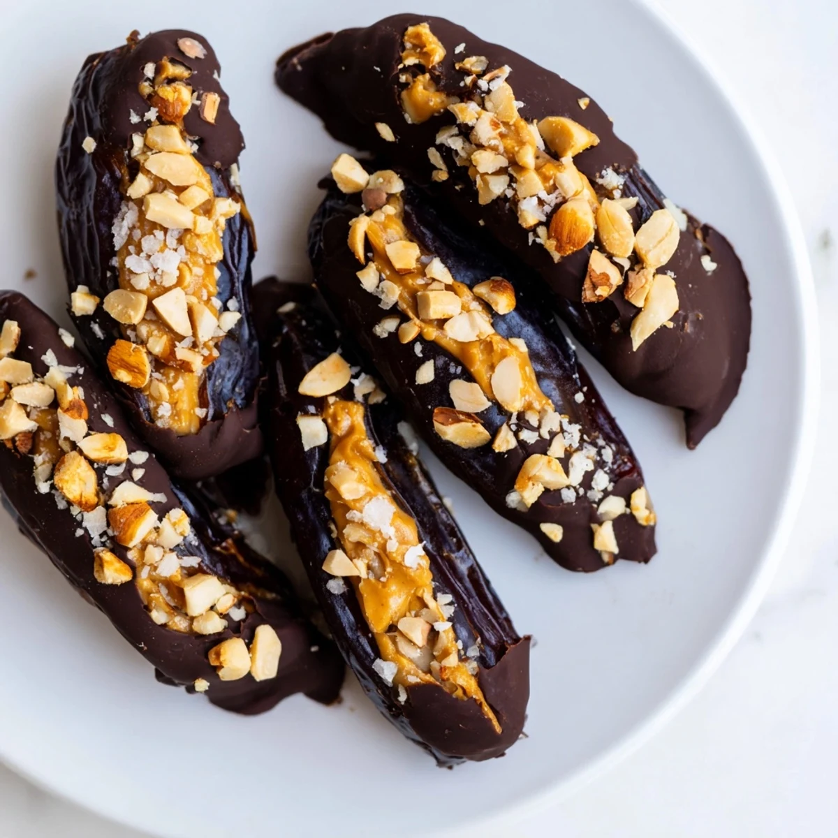 A close-up of decadent Chocolate Date Snickers: dates wrapped in glossy chocolate, drizzled with sea salt.
