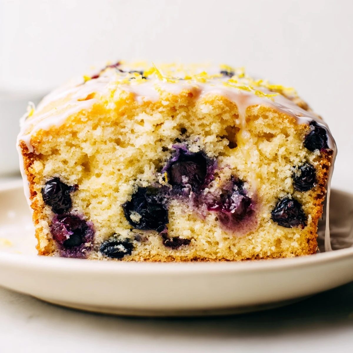 A slice of homemade Lemon Blueberry Yogurt Loaf, moist and bursting with fresh blueberries.
