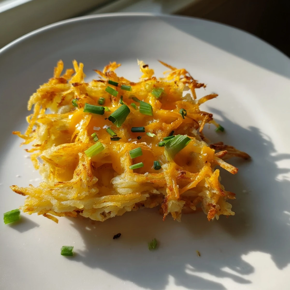 Golden and crispy Cheesy Hash Brown Waffles, ready to serve with sour cream and chives for breakfast.