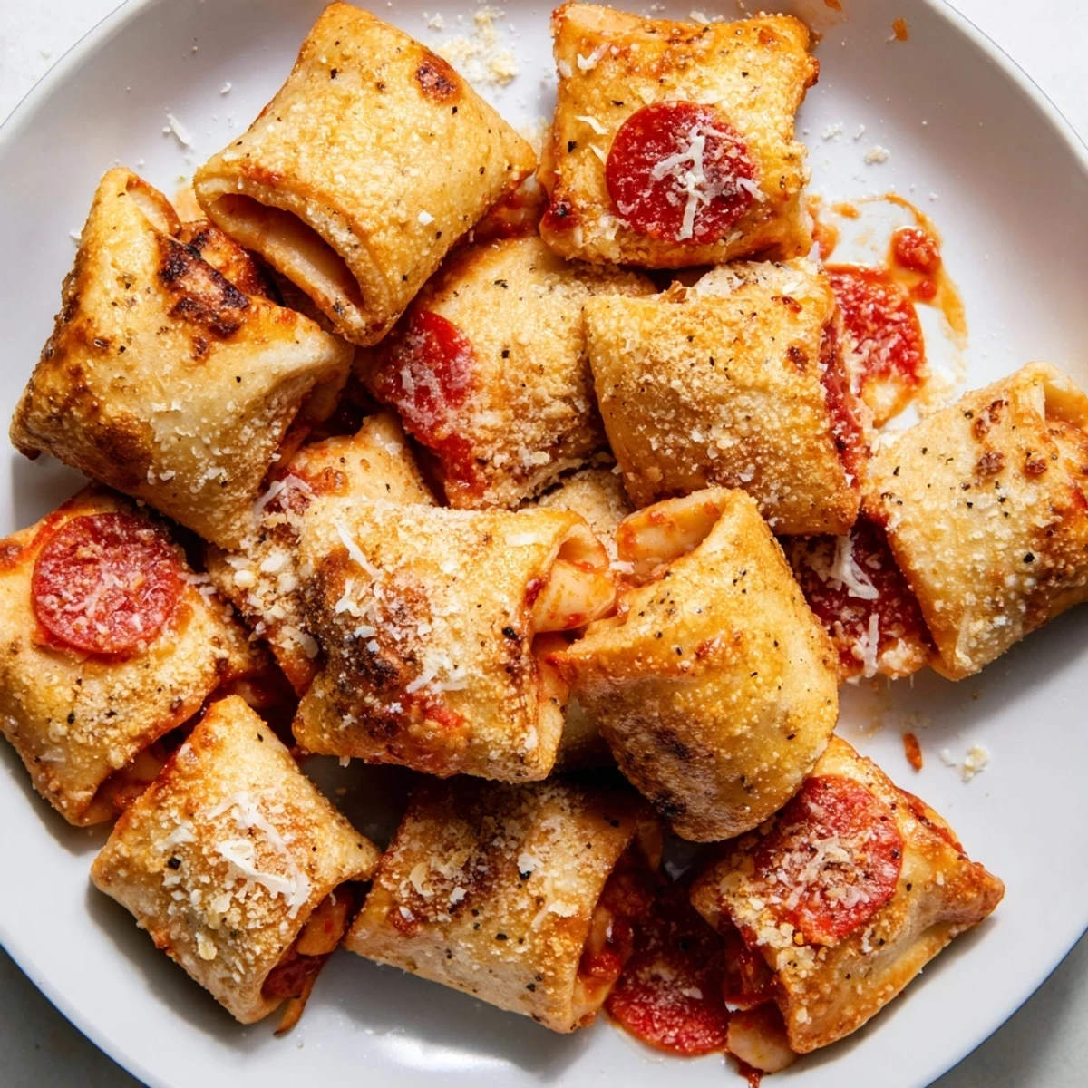 Golden brown air fryer pizza rolls, oozing with melted cheese, ready for dipping.