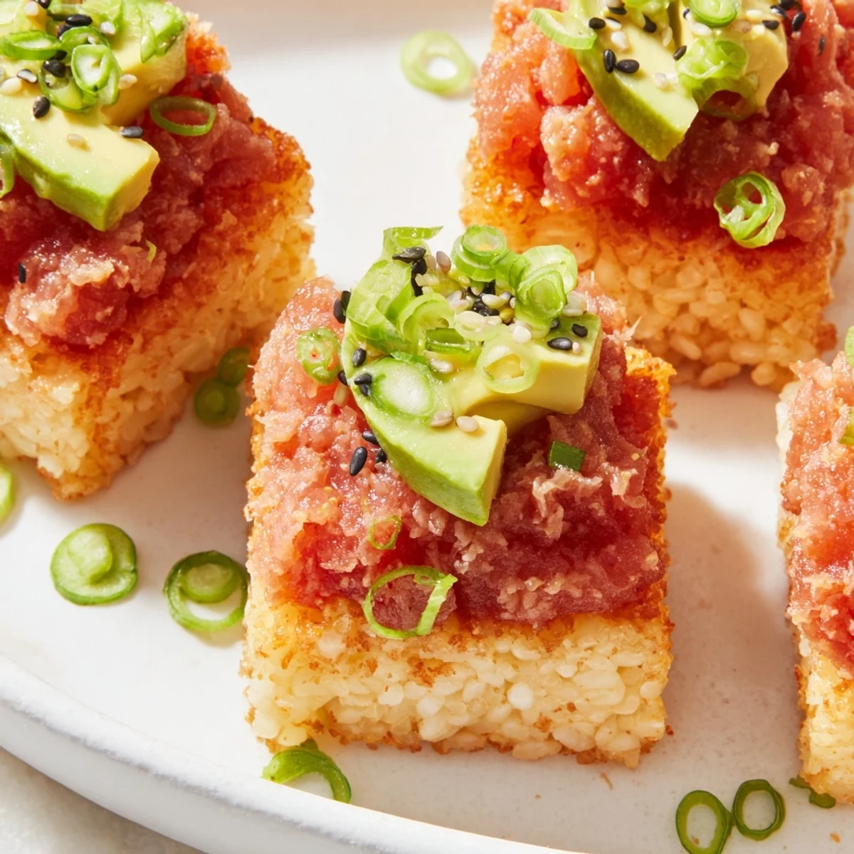 A close-up of beautifully plated Spicy Tuna Crispy Rice shows the crunchy, fried rice base and flavorful toppings.