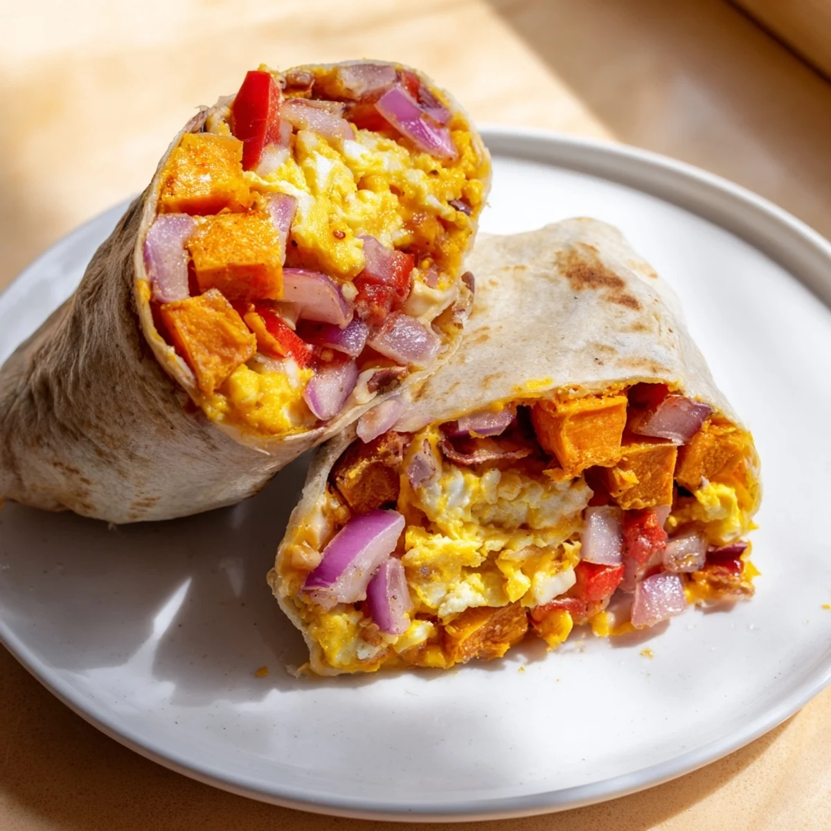 A close-up of a warm, perfectly wrapped sweet potato breakfast burrito, showing layers of filling ready to enjoy.