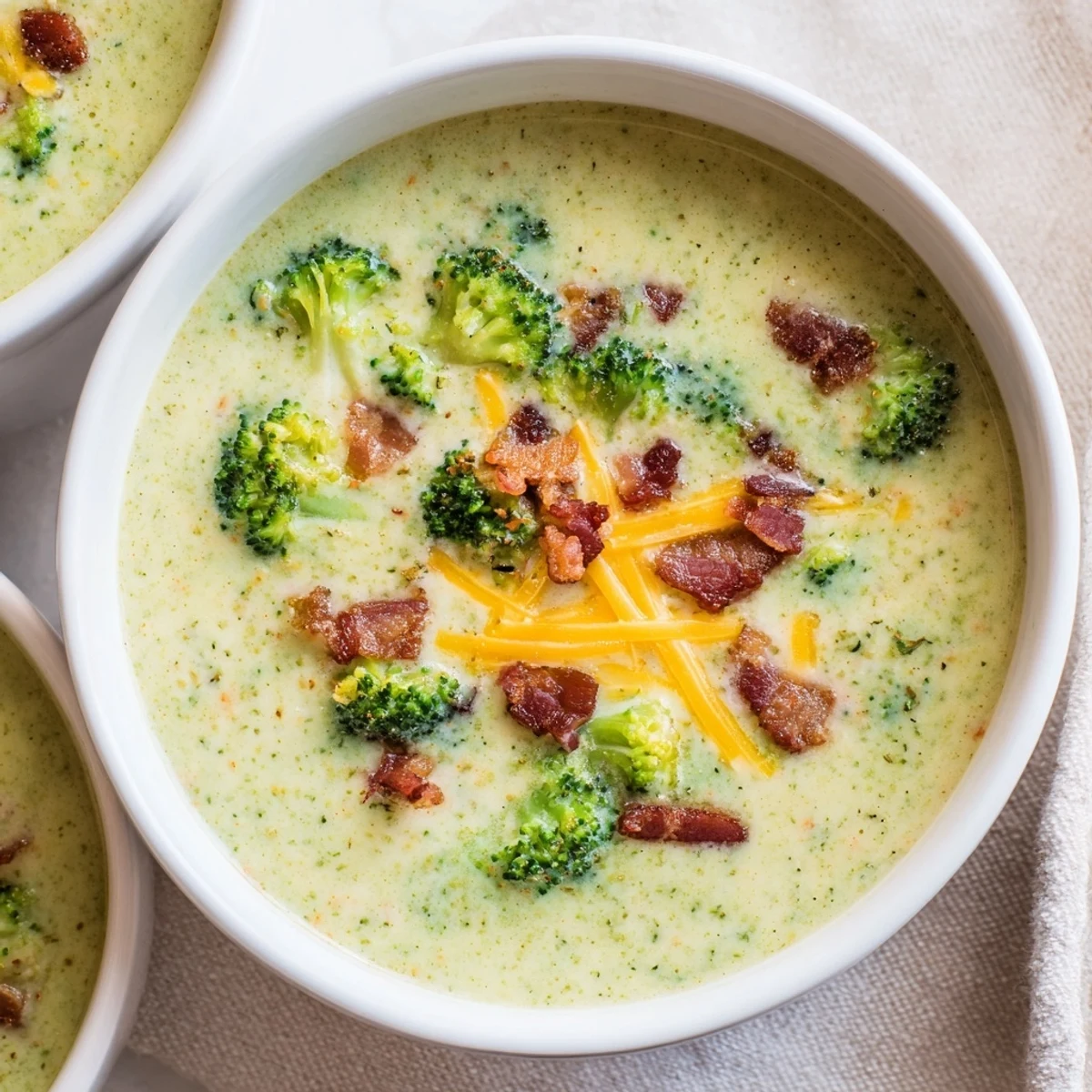 A creamy bowl of Broccoli Cheddar Soup, garnished with crispy bacon and extra cheese.
