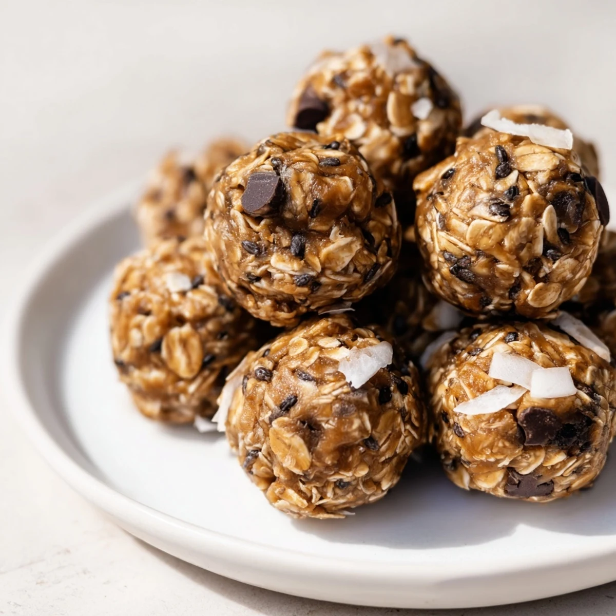 Chewy almond-chia energy bites, naturally sweetened and speckled with mini chocolate chips.