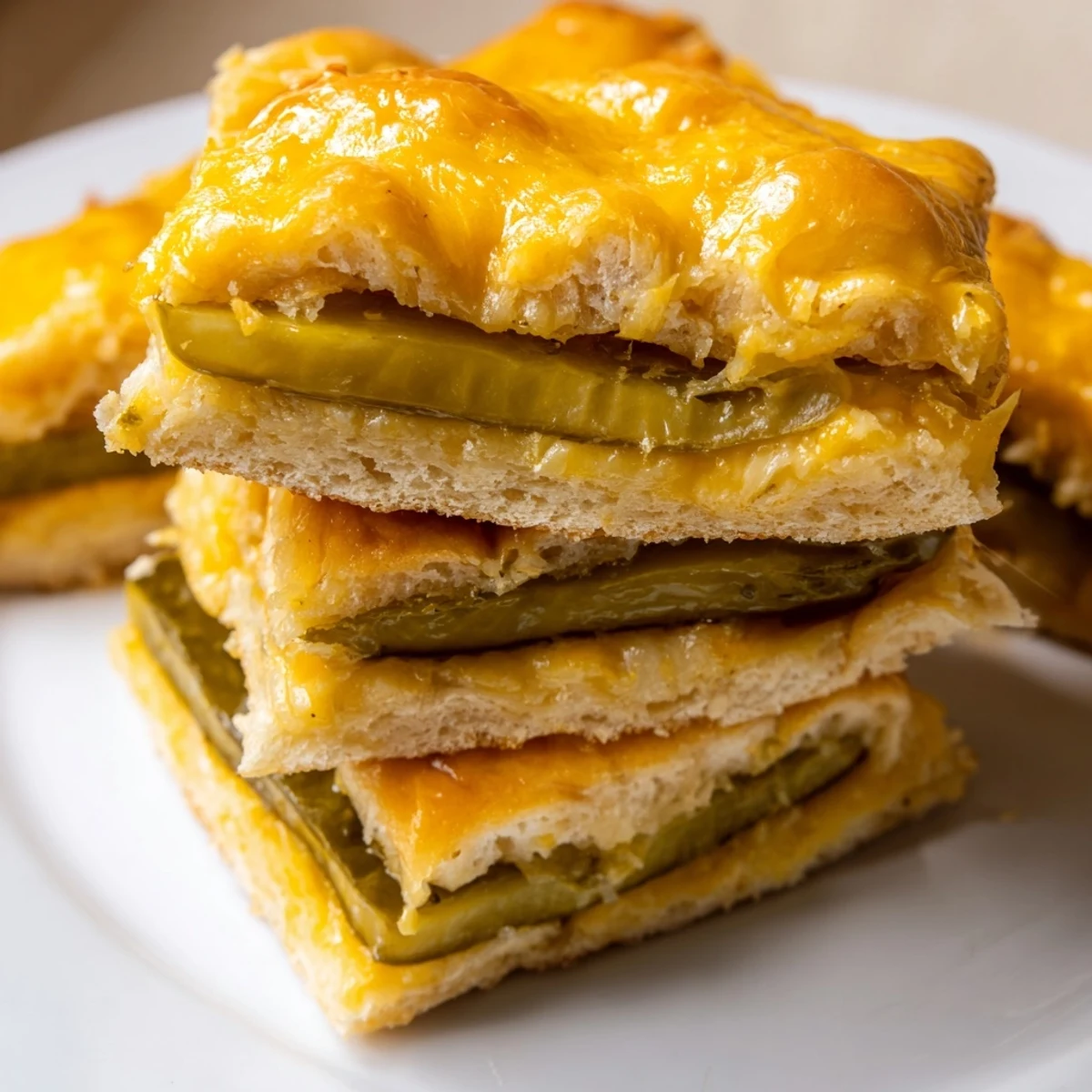 Golden, bubbly Pickle Bread Sandwich, a low-carb treat with melted cheddar and tangy pickles.