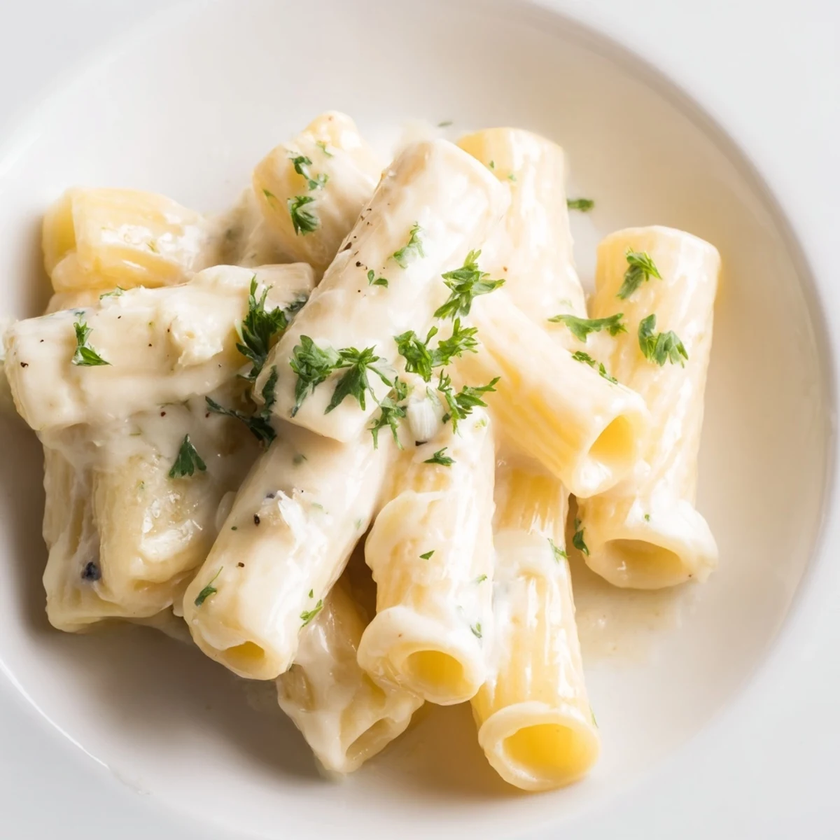 A wide shot reveals a generous bowl of the finished Creamy Milk Pasta One-Pot, ready to eat.