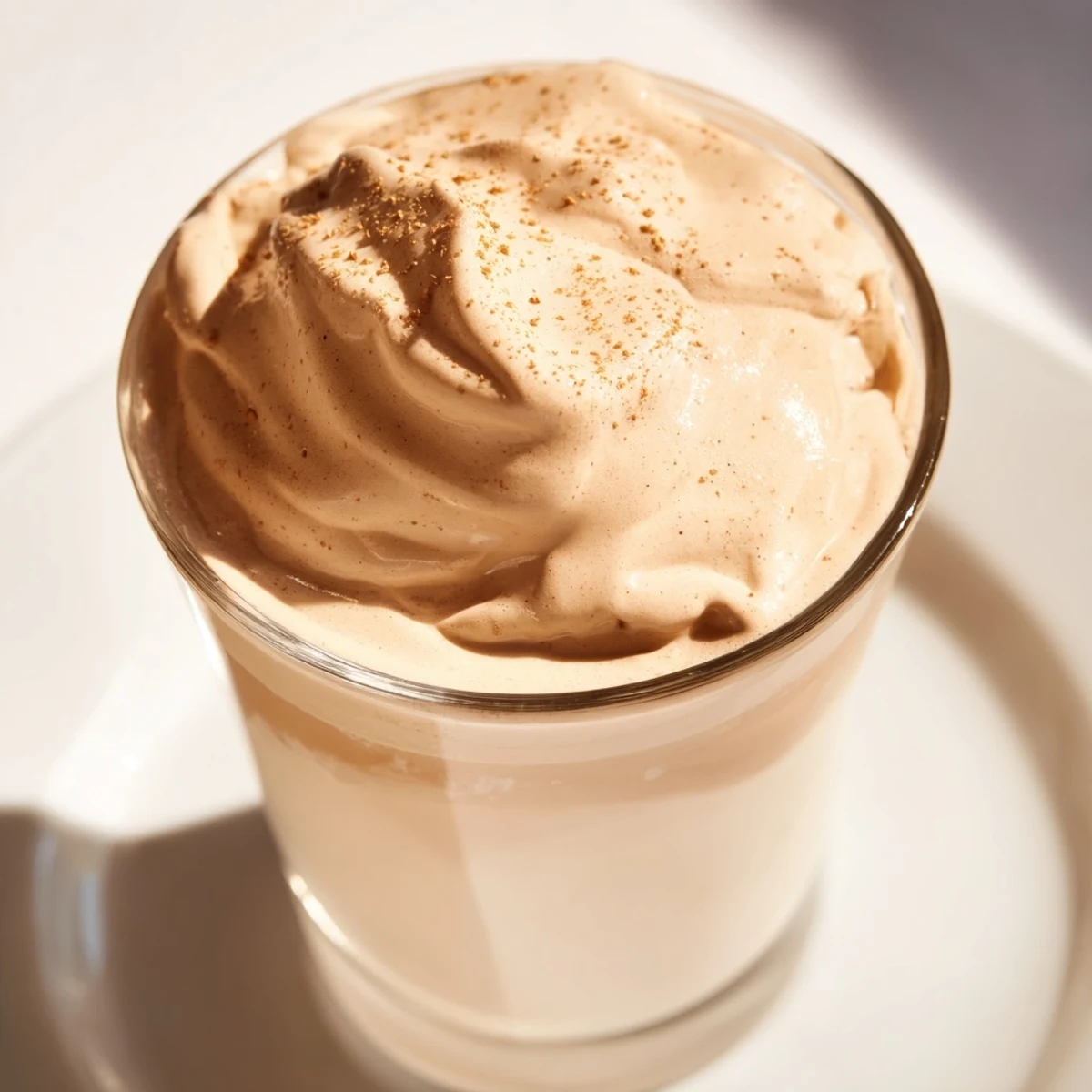 Indulge in this Dalgona coffee, featuring airy, sweet coffee topping a glass of chilled milk for a delightful sip.