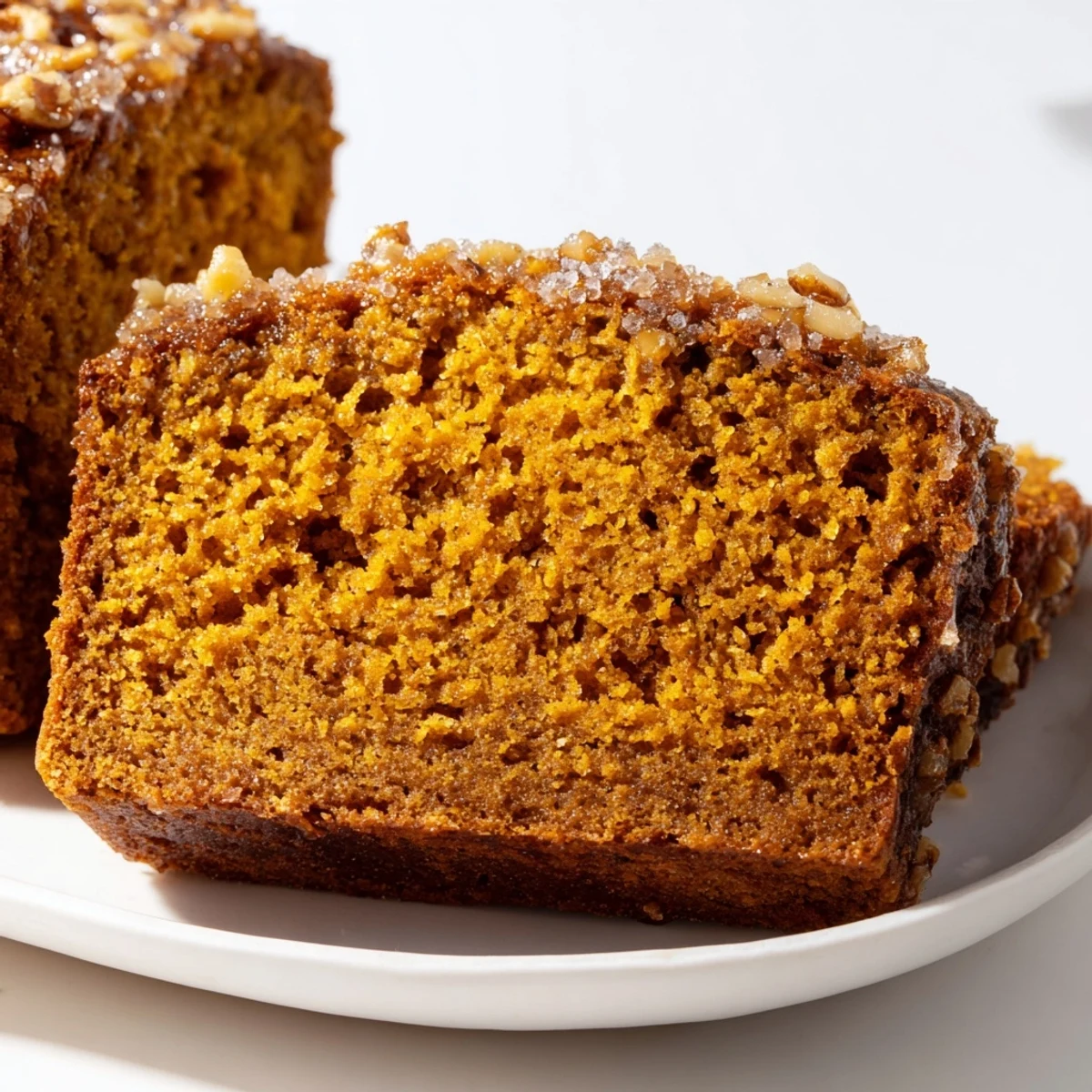 Golden brown pumpkin bread loaf, moist and fragrant, perfect with a pat of butter, inviting you in.
