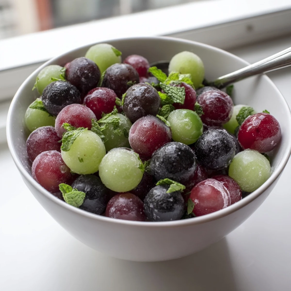 Vibrant photo of frozen grapes, looking juicy and fresh, perfect for cooling off and enjoying a refreshing treat.