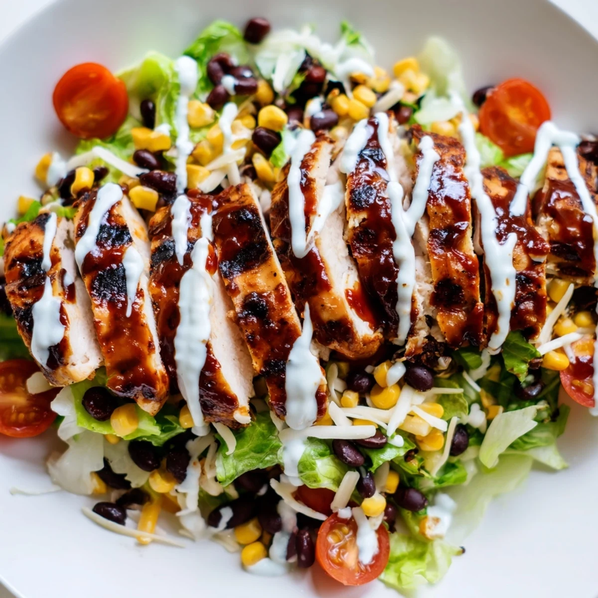 A close-up of the BBQ Chicken Salad with smoky grilled chicken slices, charred corn, black beans, and creamy ranch drizzle over crisp romaine.