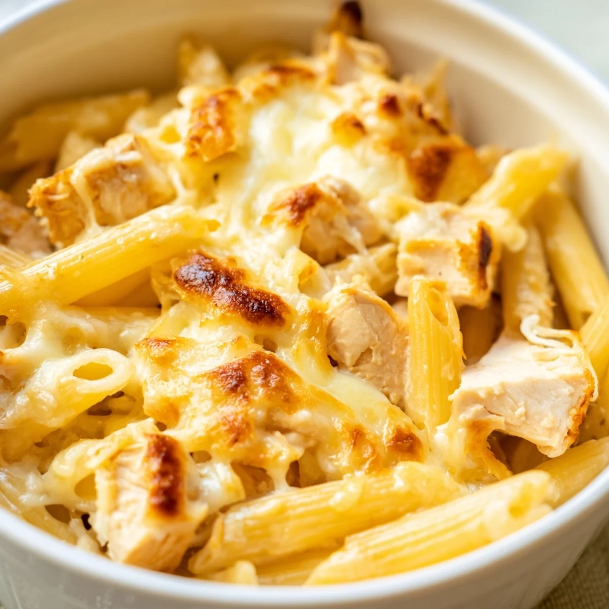 Creamy Chicken Ranch Pasta Bake served in a white dish, with steam rising from the melted cheese.