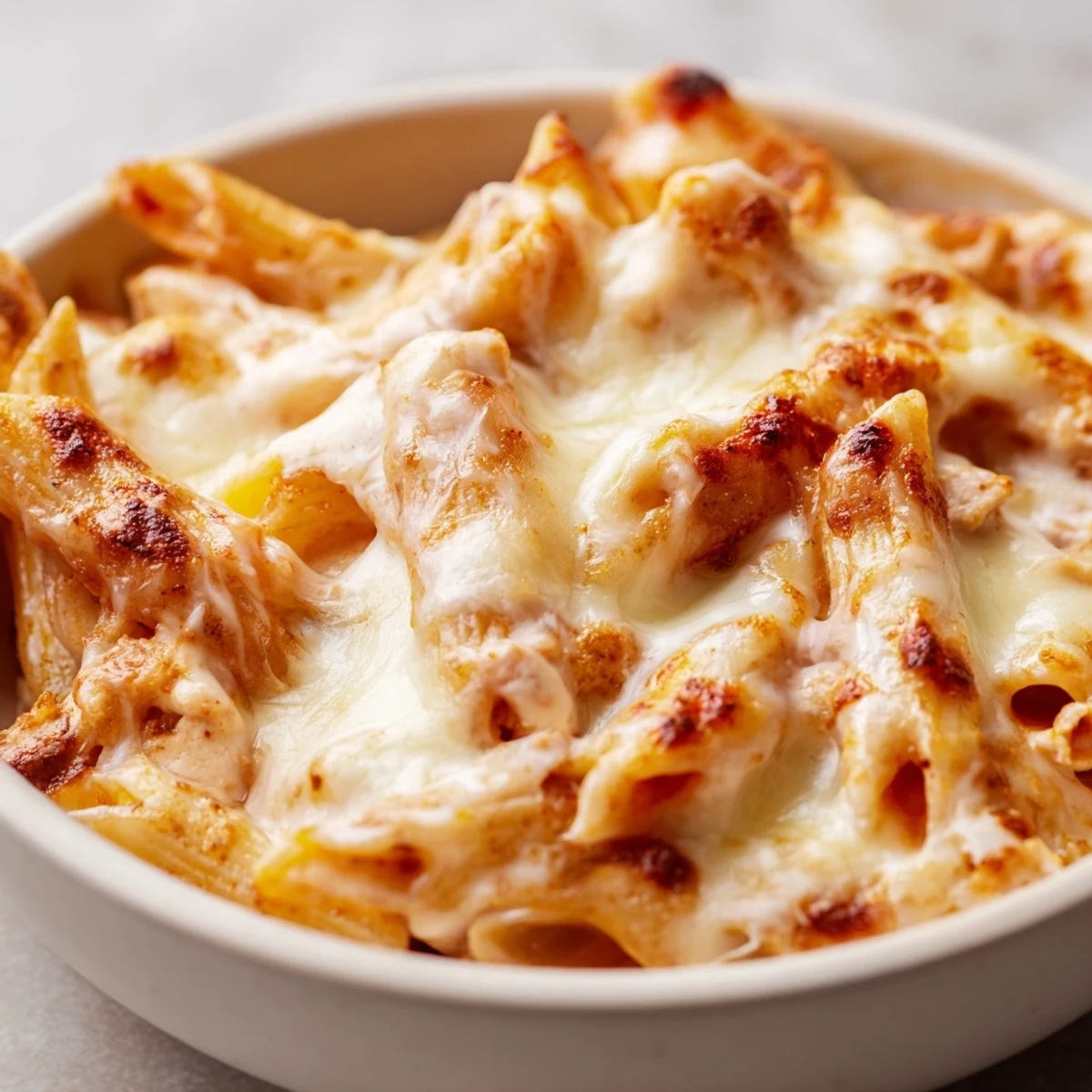 Golden-brown Chicken Ranch Pasta Bake fresh from the oven, topped with bubbly mozzarella and fresh chives.