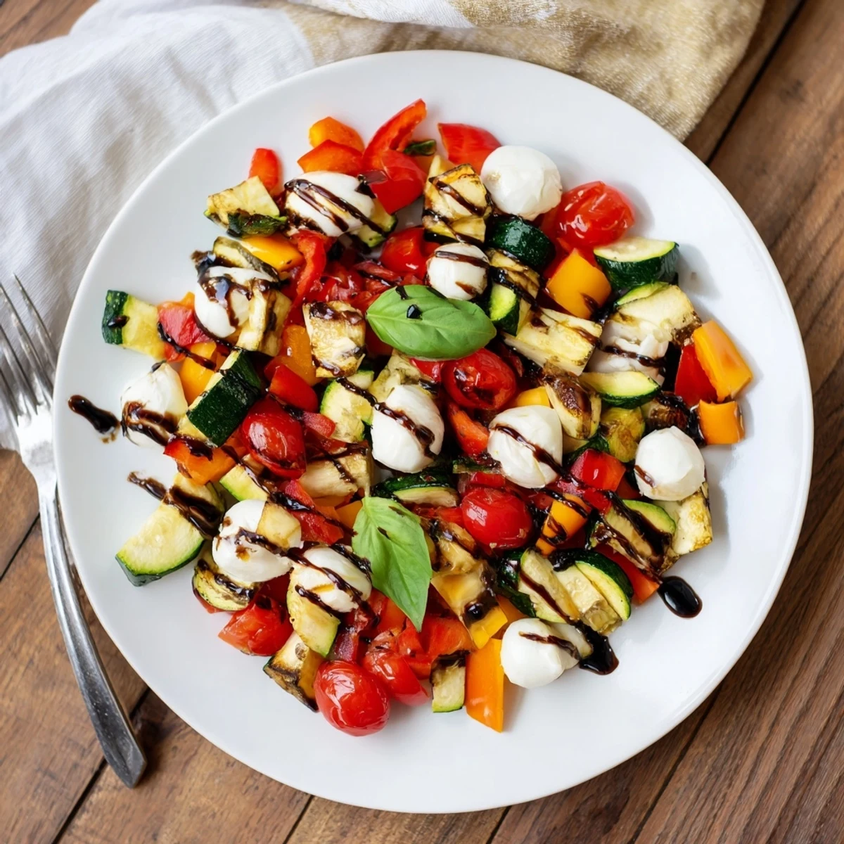 A close-up of the Roasted Veggie Caprese Salad shows fresh basil and a sweet balsamic drizzle glistening over warm, caramelized vegetables.