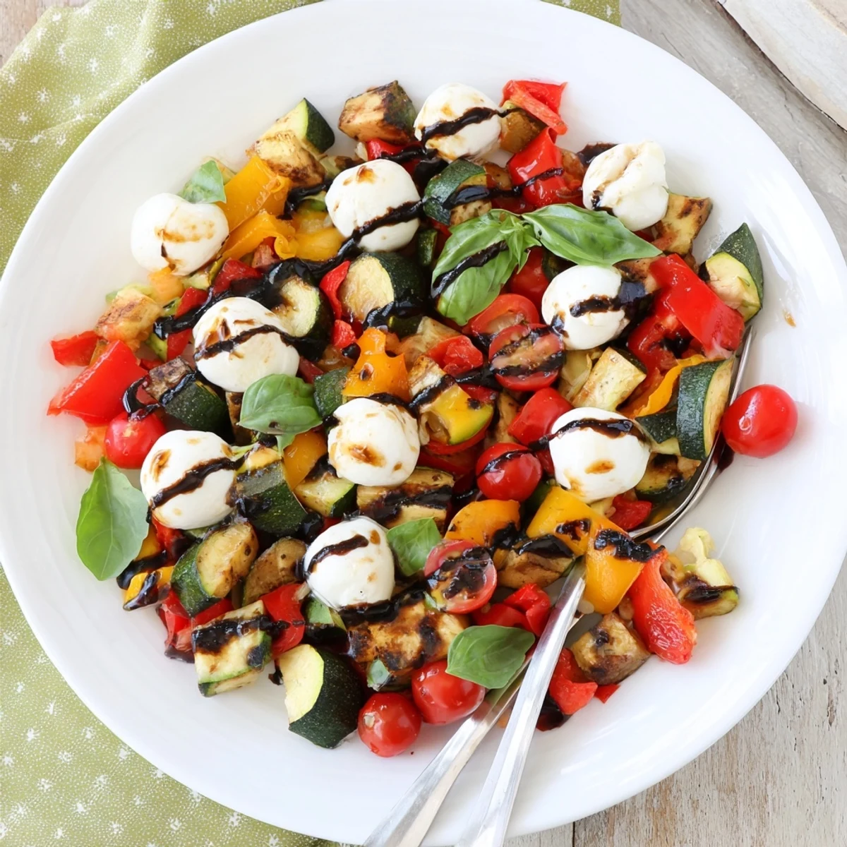 This colorful Roasted Veggie Caprese Salad is served on a platter, perfect as a light vegetarian lunch or a healthy gluten-free side dish.
