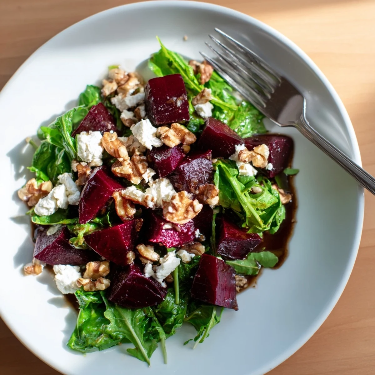 Roasted Beet Goat Cheese Salad tossed with balsamic vinaigrette, walnuts, and goat cheese in a white bowl.