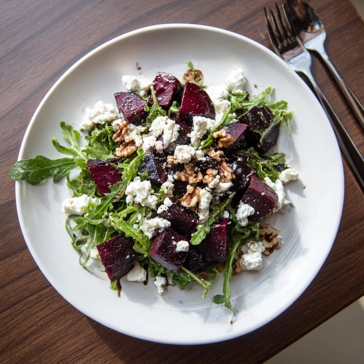 Roasted Beet Goat Cheese Salad with roasted beet wedges, creamy goat cheese, walnuts, and arugula on slate.