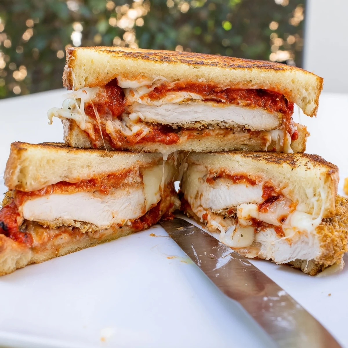 A crispy fried Chicken Parm Grilled Cheese sandwich is sliced to reveal layers of golden bread, melted mozzarella, and rich marinara sauce.  