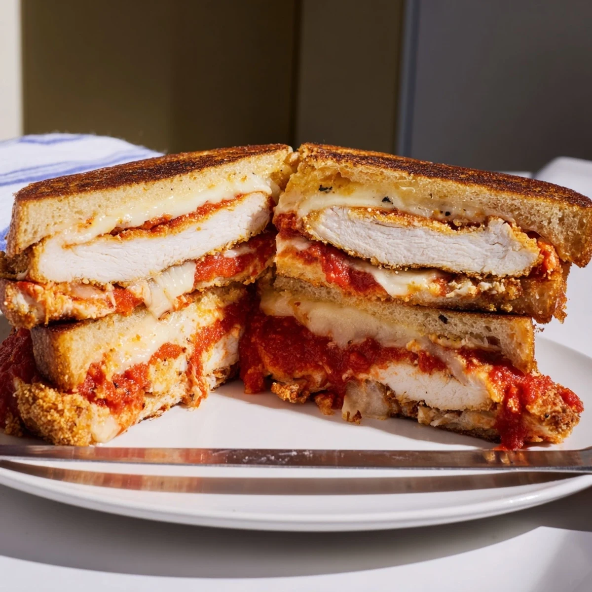 Enjoy a hearty Chicken Parm Grilled Cheese for lunch, served beside a fresh green salad for a balanced Italian-American meal.