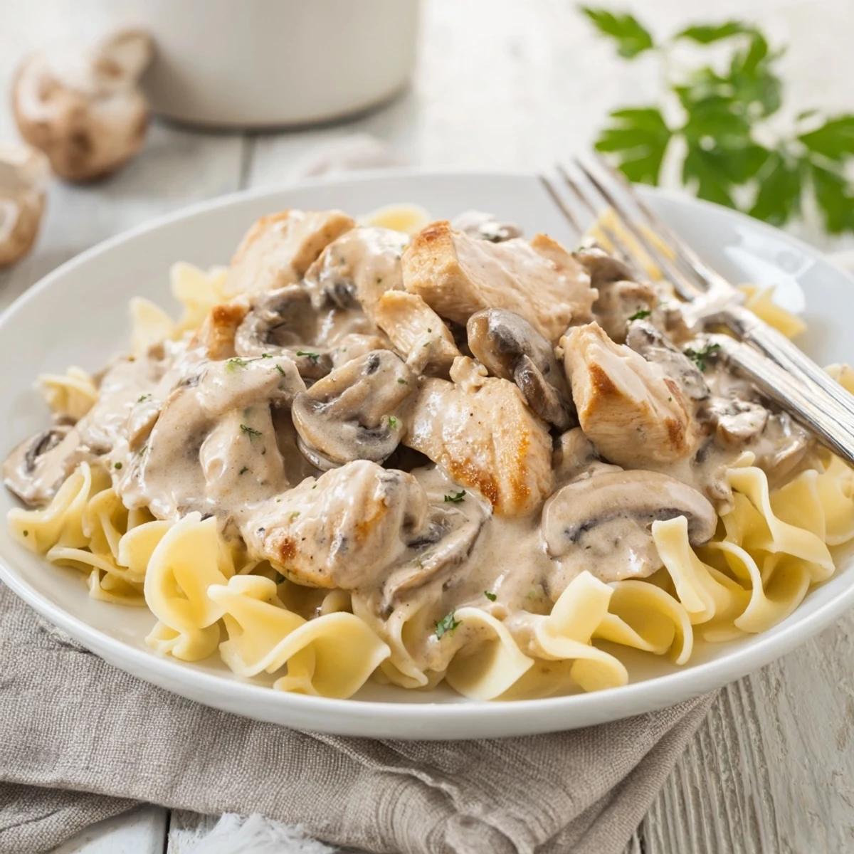 Golden-brown chicken strips and sautéed cremini mushrooms simmer in a creamy, paprika-spiced sauce, served over buttery egg noodles in this hearty Chicken and Mushroom Stroganoff.