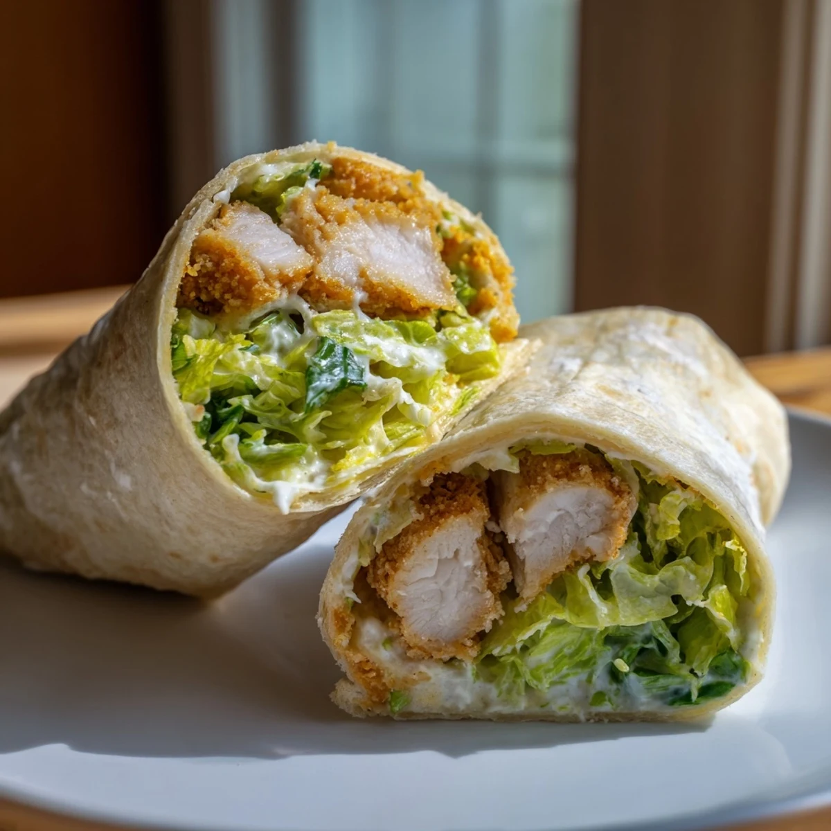 Golden crispy chicken strips layered over fresh romaine lettuce and Parmesan cheese in a warm flour tortilla, drizzled with creamy Caesar dressing.