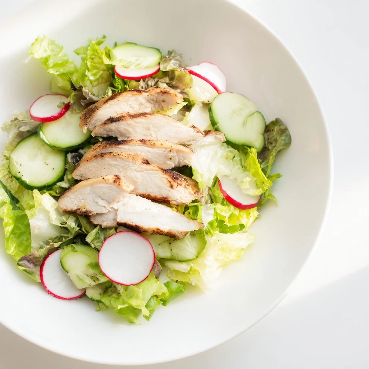Freshly grilled chicken slices rest atop mixed greens, cucumber, and radish in this Spring Detox Chicken Salad, drizzled with bright lemon vinaigrette.
